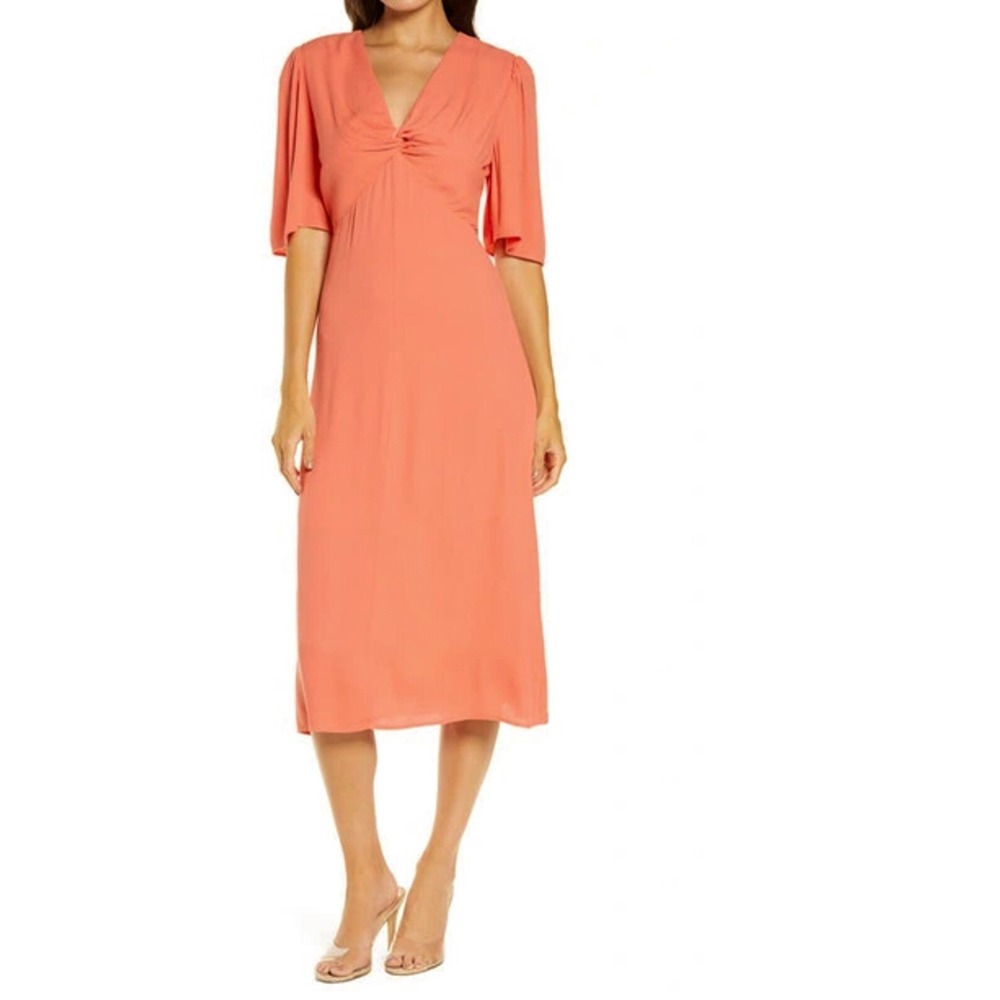New 128$ Chelsea28 Women's XS Coral Rose Crepe Flutter Twist Front Midi‎ Dress